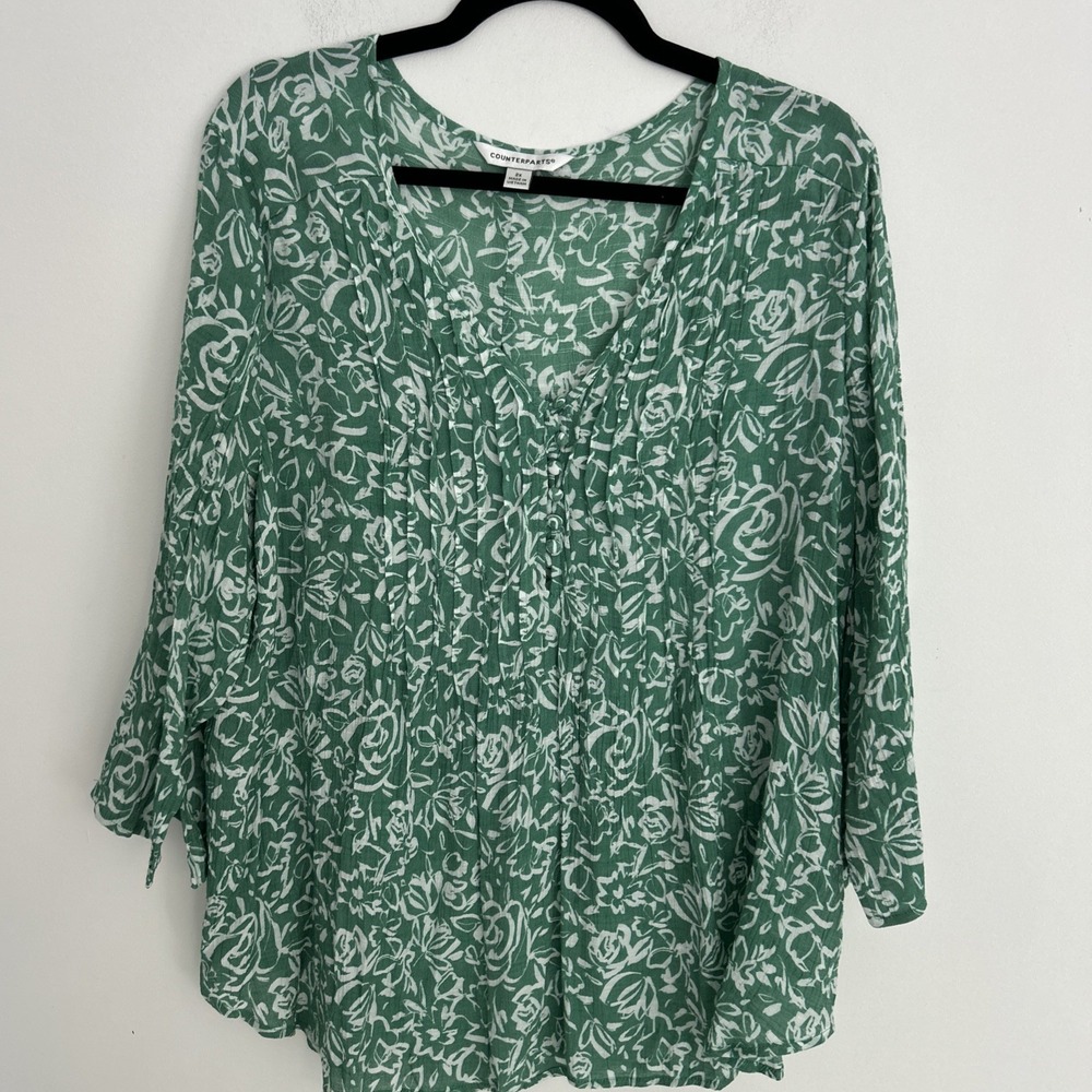 Women's 2X Green White Floral V-Neck Front Button Peasant Boho Blouse